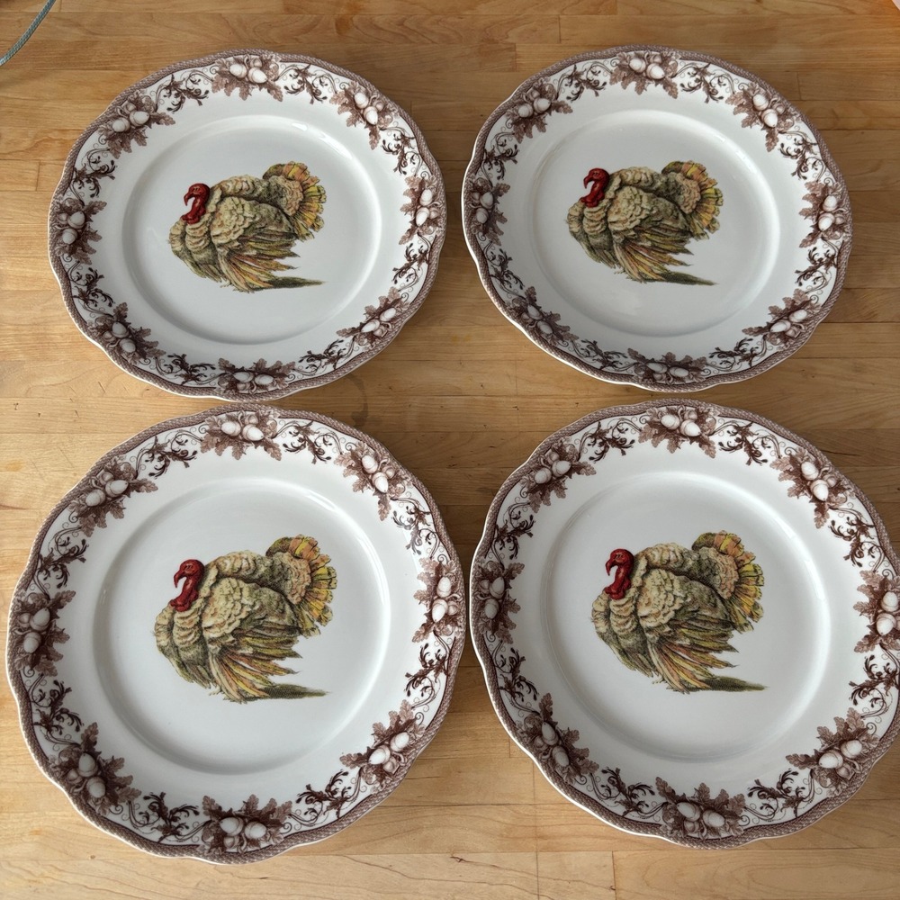 Williams Sonoma 9" Turkey Salad Plates Set of 4 White Brown Acorn Trim Porcelain - Picture 9 of 9
